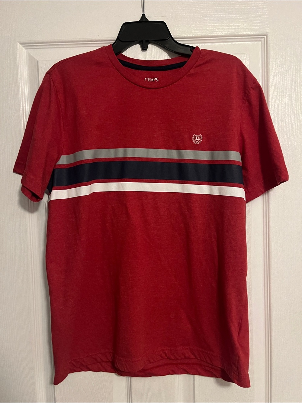 Chaps Red Short Sleeve Crewneck with Navy, Gray & White Stripes